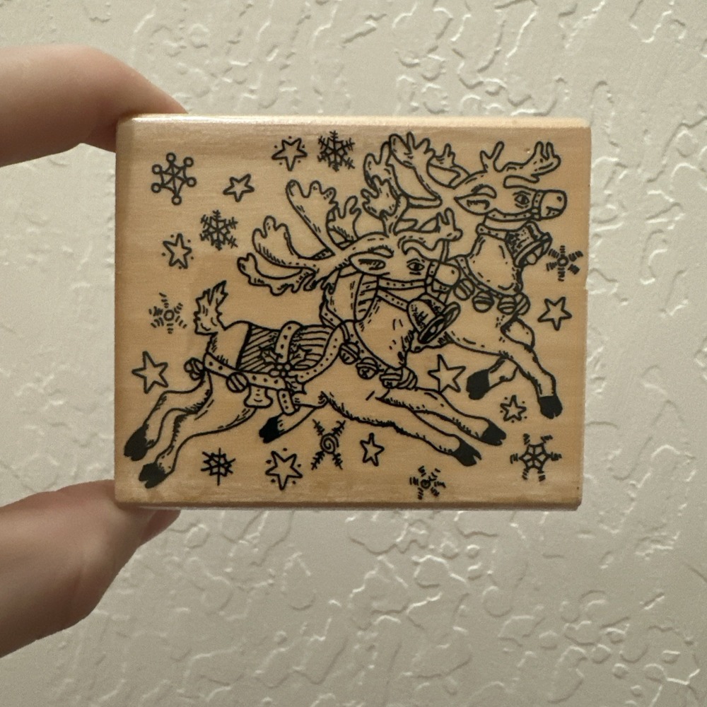 Rubber Stamp Reindeer Flying Through The Air With Snow And Stars‎ Christmas